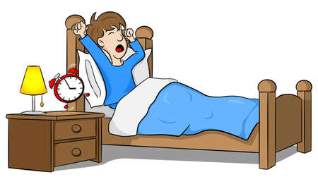 Illustration of a man wakes up in the morning by the alarm clock.