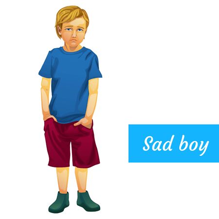 Sad boy in summer clothes, isolated vector character Stock Photo