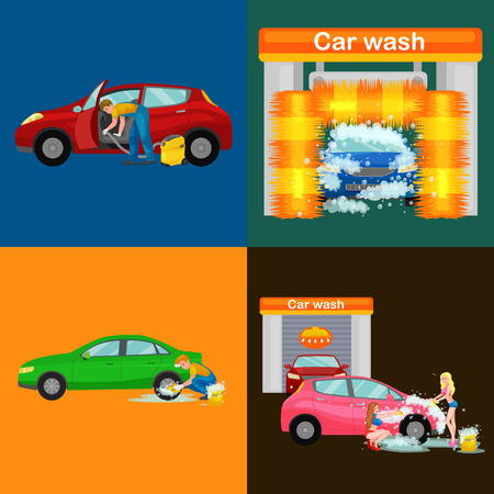 car wash services, auto cleaning with water and soap, car interior. Иллюстрация