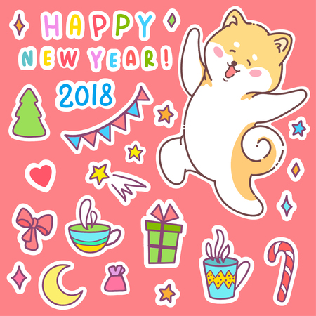 グリーティングカードハッピーニューイヤー おしゃれは犬のベクターイラスト かわいい動物です 星の周り 招待状 服のプリント パターンやバナーのために使用します 友人と新年のパーティーのためのステッカーのセット の写真素材 画像素材 グリーティングカードハッピーニューイヤー おしゃれは犬のベクターイラスト かわいい動物です 星の周り 招待状 服のプリント パターンやバナーのために使用します 友人と新年のパーティーのためのステッカーのセット の写真素材 画像素材