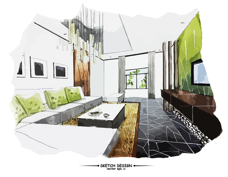 Vector interior design schizzo. acquerello schizzi idea su carta ... Architetture moderne sfondo