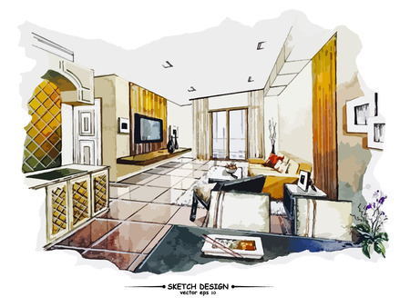 Vector interior sketch design. Watercolor sketching idea on white paper background - 46170359