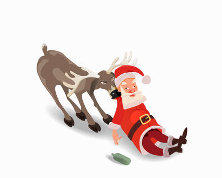 Drunk Santa Claus with a deer. Anti alcohol advertising. Vector Illustration