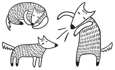 Cute Vector Wolf Black And White Set Character Activity Illustration