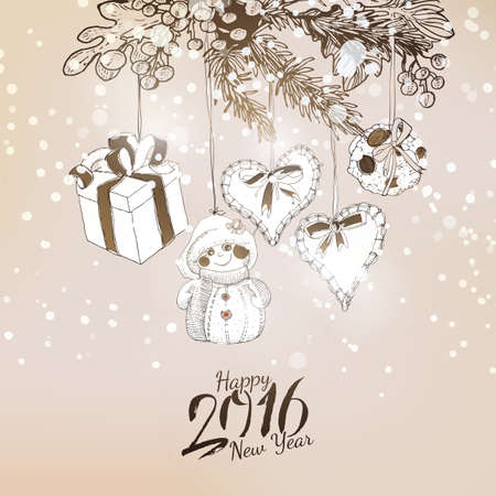 ヴィンテージのイラストを彫刻とスケッチ飾り付け新年バナー