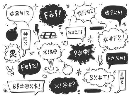 Swear word speech bubble set. curse, rude, swear word for angry, bad, negative expression. hand drawn doodle sketch style. vector illustration.