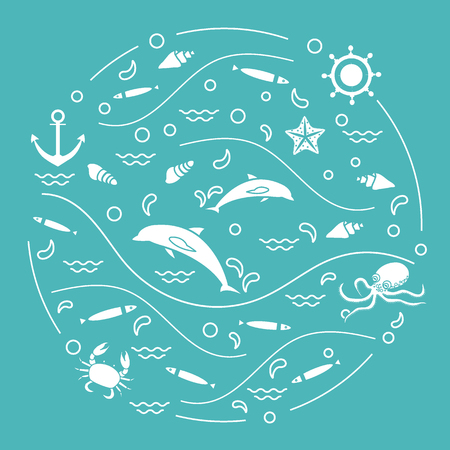 かわいいベクター イラスト イルカ タコ 魚 アンカー ヘルム 波 貝殻 ヒトデ カニの円で整理されました 横断幕やポスター印刷のデザイン のイラスト素材 ベクタ Image