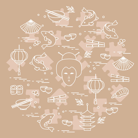 日本人女性の顔 ランタン ボウル 箸 寿司や円形に配置他のかわいいベクター イラスト 横断幕やポスター印刷のデザイン のイラスト素材 ベクタ Image