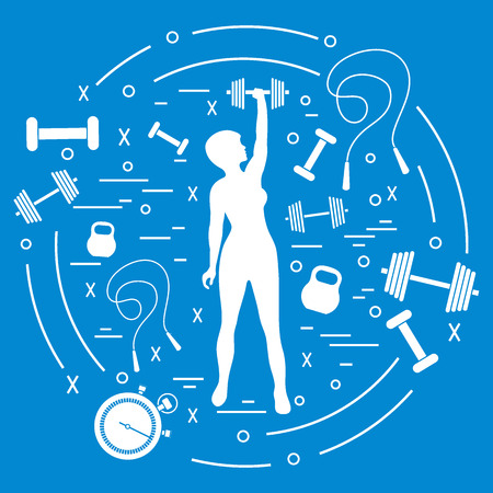 フィットネス運動女性のかわいいベクトル イラストは ケトルベル ダンベル ストップウォッチ 縄跳びを保持します 横断幕やポスター印刷のトレーニング女性のボディ デザイン のイラスト素材 ベクタ Image