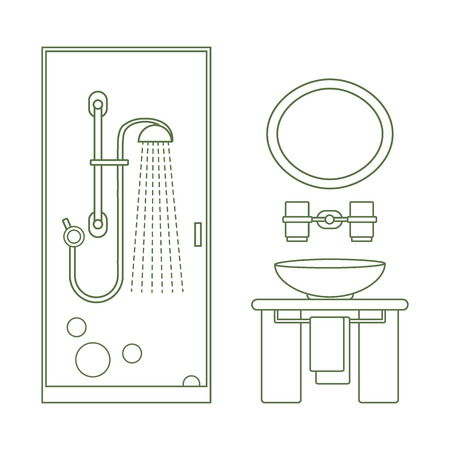 バスルームのインテリア デザインのかわいいベクトル イラスト シャワー キャビン 洗面台 タオル 鏡 その他 ポスターまたは印刷用デザイン のイラスト素材 ベクタ Image