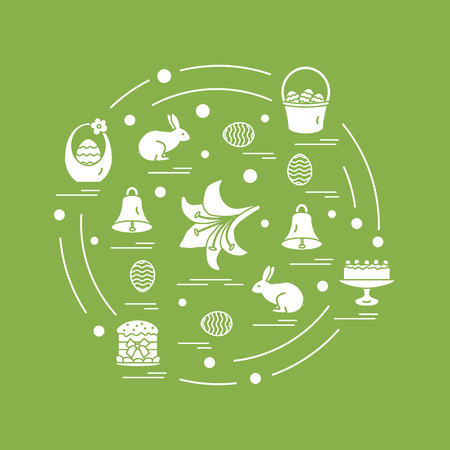 イースターは円形に配置の異なるシンボルでかわいいベクター イラスト シムネル ケーキ ユリ バスケット 卵 その他のアイコンを含みます 横断幕やポスター印刷のデザイン のイラスト素材 ベクタ Image