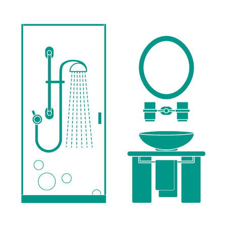 バスルームのインテリアデザインのかわいいベクターイラスト シャワーキャビン 洗面台 タオル 鏡など ポスターまたは印刷用のデザイン のイラスト素材 ベクタ Image