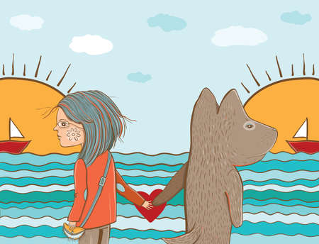 友情のベクター イラストです 少女と犬の海と船を見ています 人間と動物間の友情 グリーティング カードのデザインのテンプレートです Eps 10 の イラスト素材 ベクタ Image