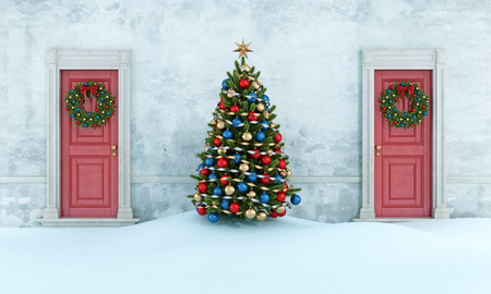 old house with christmas treetwo red front door with wreath 3d rendering stock - Front Door Christmas Trees old house with christmas treetwo red front door with wreath 3d rendering stock - Front Door Christmas Trees