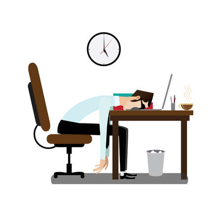 Vector illustration on white background featuring evening, tired office man sleeping at working desk - 46197404