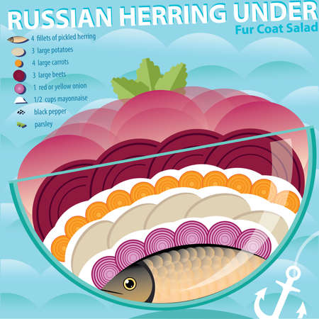 vector illustration on color background featuring recipe of herring under fur coat infographics vector