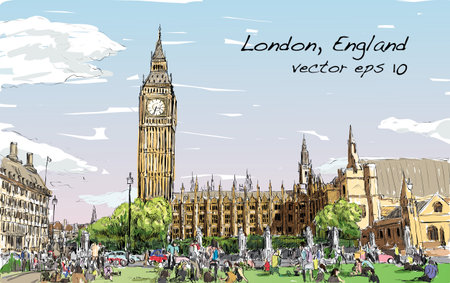 セピア イラストの公共空間の人々 と都市の景観のロンドンのビッグ ベンや国会議事堂をスケッチします のイラスト素材 ベクタ Image セピア イラストの公共空間の人々 と都市の景観のロンドンのビッグ ベンや国会議事堂をスケッチします のイラスト素材 ベクタ Image