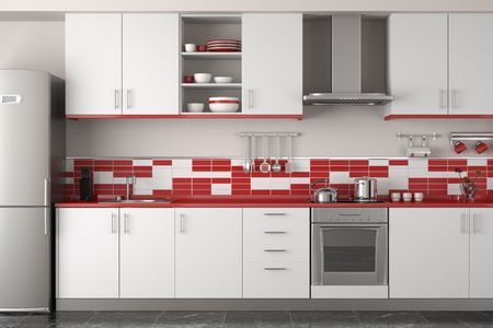 Diseño de interiores de cocina moderna rojo y blanco y limpio ...