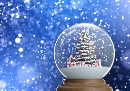 snowglobe with red decorated christmas tree and presents inside on a blue winter defocused background - Blue And Red Decorated Christmas Tree snowglobe with red decorated christmas tree and presents inside on a blue winter defocused background - Blue And Red Decorated Christmas Tree