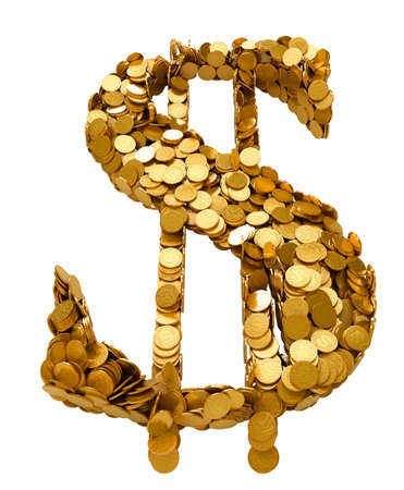 Gold coin: US Dollar symbol assembled with coins. Isolated on white Kho ảnh