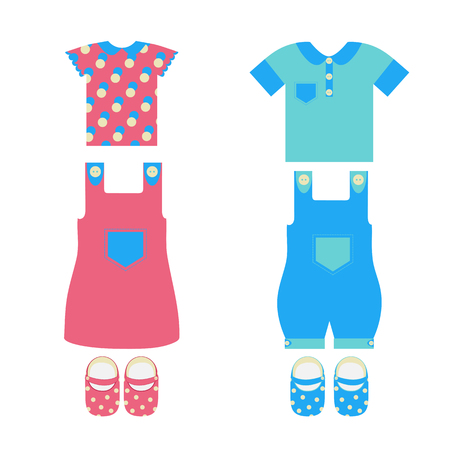 男の子と女の子のための子供の夏服のセットのベクトルイラスト 店舗 アルバム ポスター ウェブデザインのデザインのためのテンプレート のイラスト素材 ベクタ Image