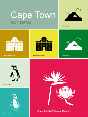 Monuments de Cape Town. Ensemble d'icônes de couleur dans le style Metro. Modifiable illustration vectorielle. Banque d'images