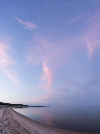 夜の日光や海岸 ピンクの雲と青い空を背景にトウヒ 夏のビーチ 海辺の森 自然環境 海岸と Koipsi 島 エストニア ヨーロッパで松に の写真素材 画像素材 Image