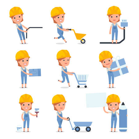 set of smart and cute character builder girl making presentation
