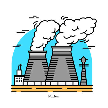 Nuclear power plant.powerhouse or generating station. industrial icon. ecological sources of electricity, energy. used in steam turbines. technology fission, decay. fission of uranium and plutonium