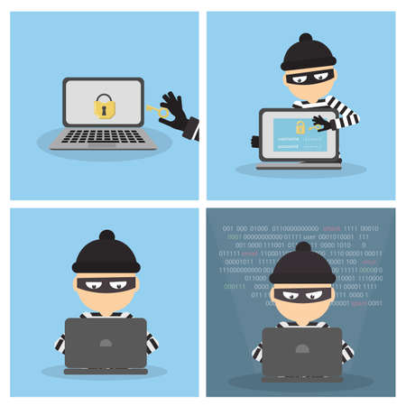 Pirate Informatique Avec Ordinateur Portable Voleur De Drole De Bande Dessinee En Masque Noir Voler Des Informations De L Ordinateur Portable Concept De Fraude Cybercriminalite Clip Art Libres De Droits Vecteurs Et