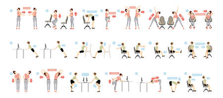 sport exercises for office office yoga for tired employees with chair and table stock
