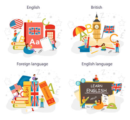 Ensemble de concept de classe d'anglais. étudier les langues étrangères à l'école ou à l'université