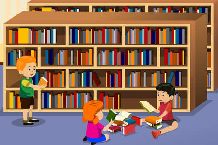 This image shows a clipart picture of a library with kids who are reading different kinds of books.