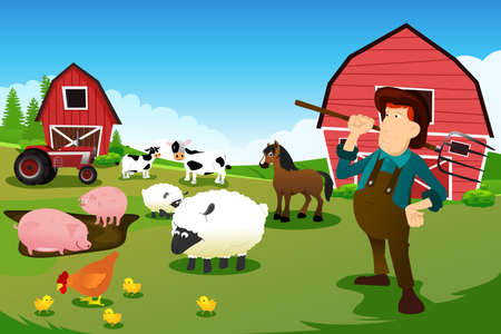 A vector illustration of a farmer at his farm with farm animals