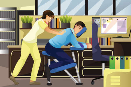 Massage: Иллюстрация массажист работает на клиенте с помощью массажное кресло в офисе Иллюстрация