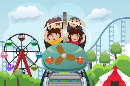 遊園地でジェット コースターを再生ハッピー子供のベクトル イラスト のイラスト素材 ベクタ Image