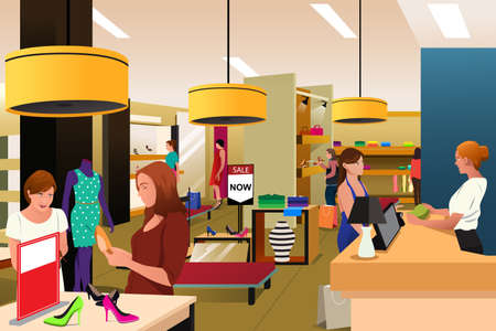 A vector illustration of women shopping in a clothing store - 55973619