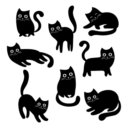 Conjunto De Gatos Pretos. Coleção De Gatos Dos Desenhos Animados Para O  Halloween. Adorável Jogando Gatinhos Pretos. Ilustração Do Vetor De Animais  De Estimação. Logo Do Gato. Ilustraciones svg, vectoriales, clip art