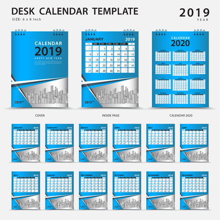 Desk calendar 2019 template. set of 12 months. planner. week starts on sunday. stationery design. advertisement. vector layout. blue cover. business brochure flyer.