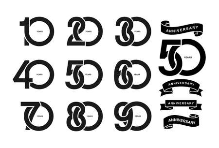 Set of anniversary pictogram icon. Flat design. 10, 20, 30, 40, 50, 60, 70, 80, 90, years birthday logo label, black and white stamp. Vector illustration. Isolated on white background Logo