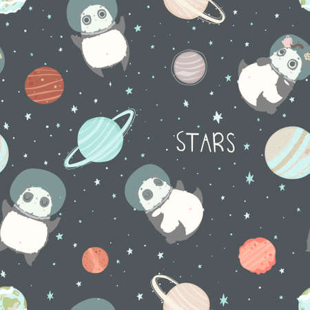 宇宙でかわいいアライグマの宇宙飛行士とシームレスなパターン ベクトル幼稚な背景のイラスト素材 ベクタ Image