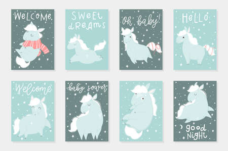 かわいい小馬手描きのイラスト でカードを使用する8レズディのセットは カード タグ ポスター ラベルテンプレートデザインとして使用することができます バレンタインデー かわいいベビー シャワールームの装飾要素や招待状のイラスト素材 ベクタ Image