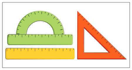 Platte vectorillustratie van liniaal, liniaal, driehoek liniaal, gradenboog. schoolspullen. meetinstrument. vector lijn pictogram. voor web, pictogram, app, gebruikersinterface. geïsoleerd op wit. Stockfoto