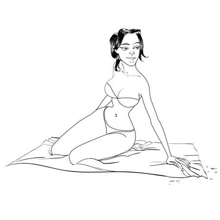 ビキニ手描きのイラスト漫画のビーチの美しい女の子 女性は 海によってはだし アフリカ系アメリカ人またはラテン系 ブルネット のイラスト素材 ベクタ Image