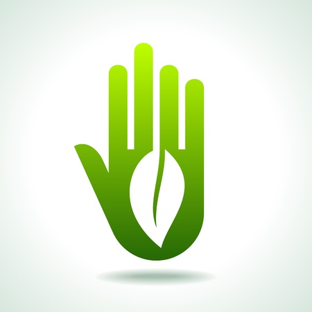 Green hand with green leaf over white background