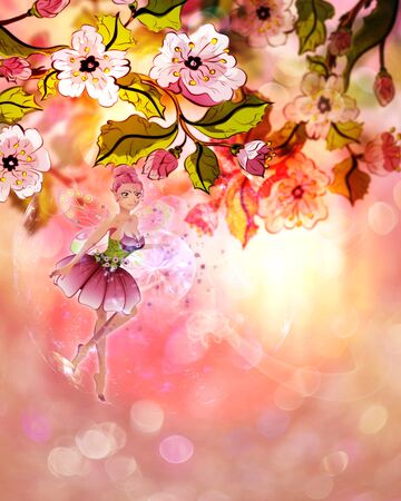 咲く桜の枝とかわいい妖精のカラフルなイラスト の写真素材 画像素材 Image 咲く桜の枝とかわいい妖精のカラフルなイラスト の写真素材 画像素材 Image