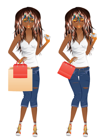 ファッションのアフリカ系アメリカ人女の子は スタイリッシュな流れるドレスを着ています のイラスト素材 ベクタ Image