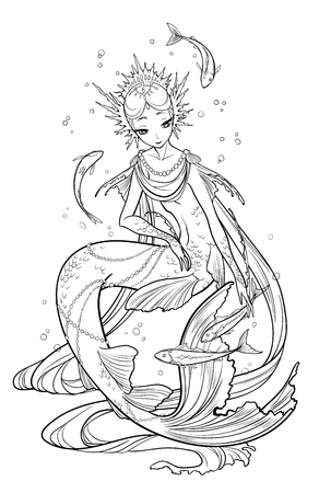 真珠の人魚のイラスト貝殻要素 魚と遊ぶ飾られています 黒と白 抗ストレス 大人のぬりえの本 のイラスト素材 ベクタ Image