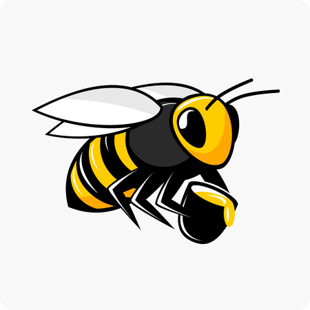 bee: Векторная иллюстрация летящая пчела держит ведро с медом.