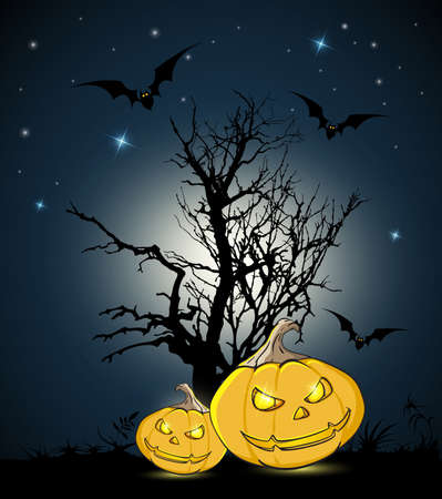 オレンジのハロウィンのカボチャと黒の背景上のツリーのシルエット ハロウィンのグリーティング カード のイラスト素材 ベクタ Image 8197